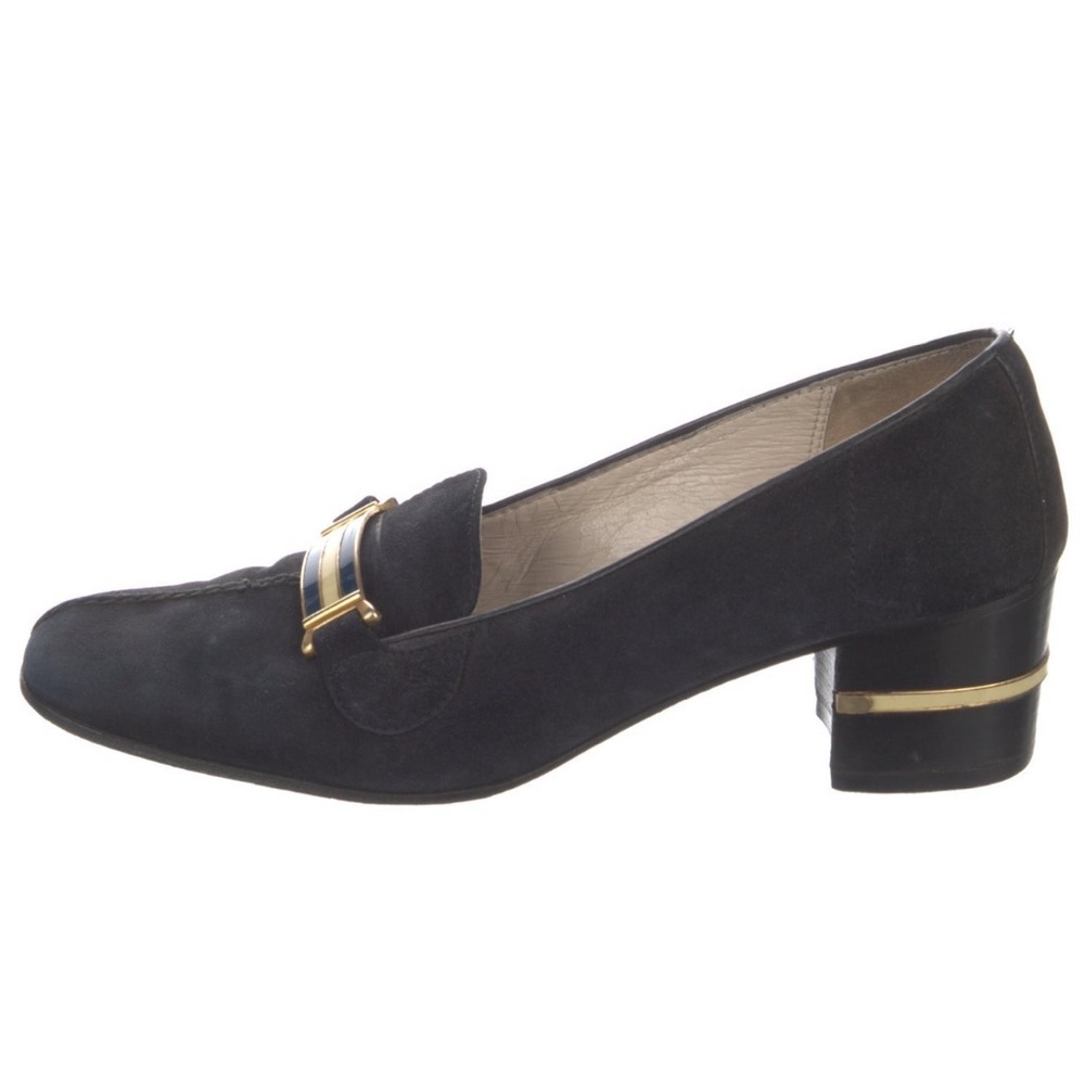 Gucci Vintage Blue Suede Chain-Link Accent Block Heel Square Toe Pumps Size 8.5 - Picture 3 of 12